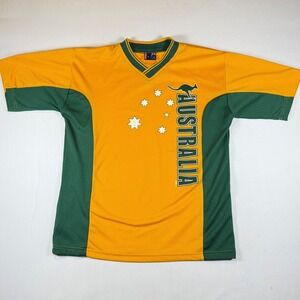 Mens Australia Soccer Jersey V Neck Short Sleeve Gold Green Kangaroo Stars L